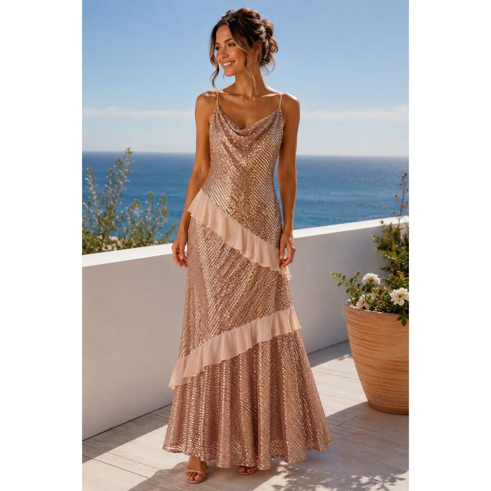 Maison Tara Rose Gold Sequin Maxi Dress